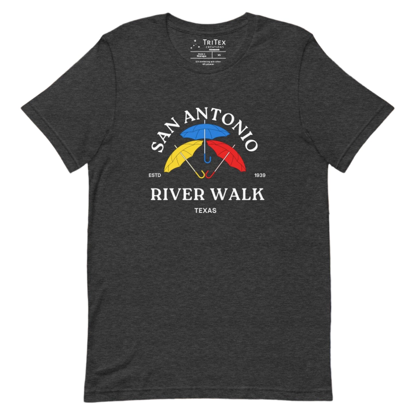 A dark gray heather t-shirt featuring yellow, red, blue umbrellas and the text "San Antonio River Walk Texas. Estd. 1939".