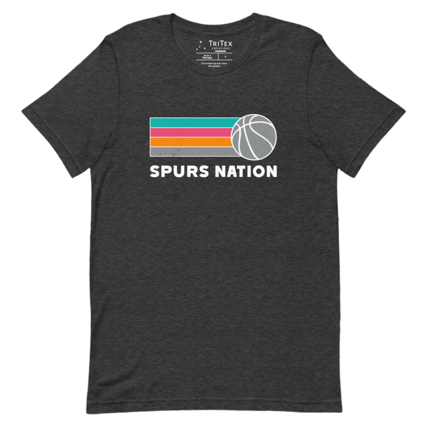 A dark gray heather t-shirt featuring teal, pink, orange, gray stripes and a gray basketball with the words "Spurs nation".