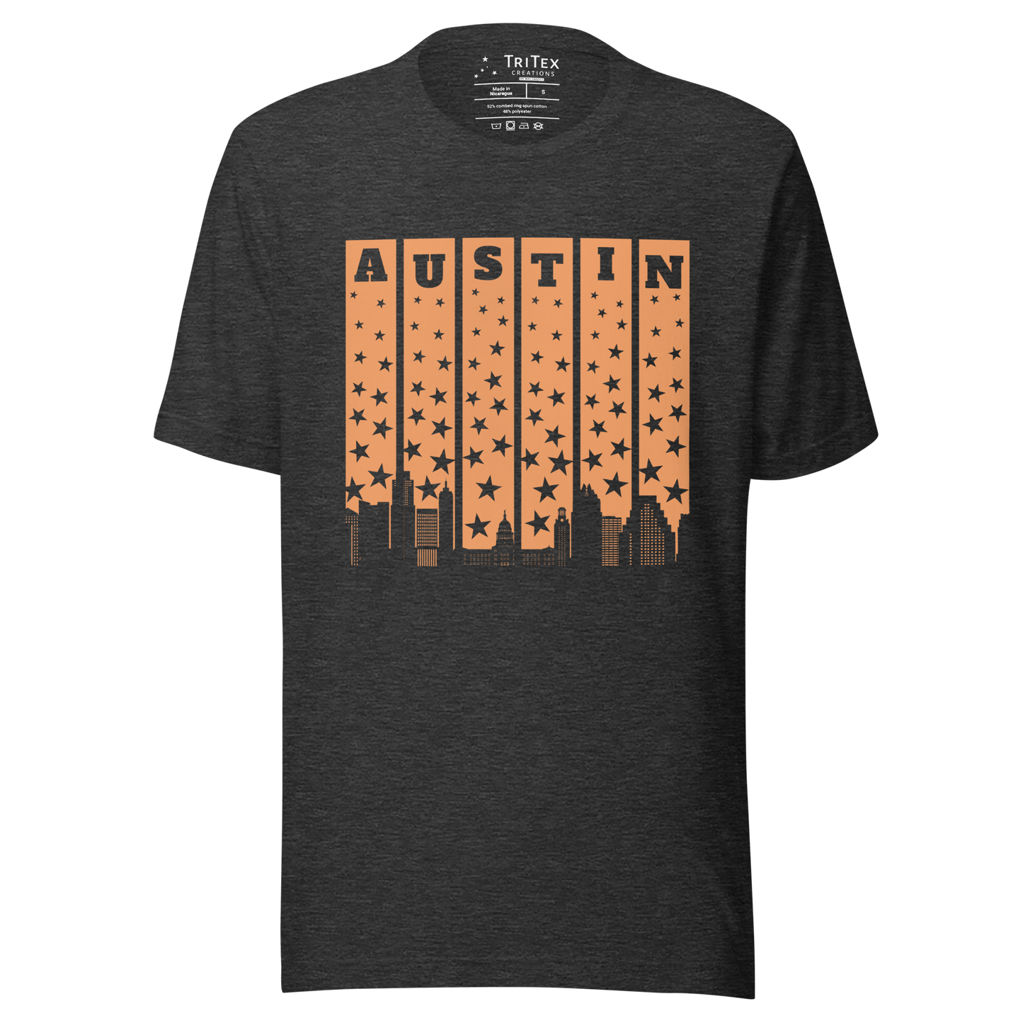 A dark gray t-shirt with the words Austin above a silhouette of stars and the Austin skyline.