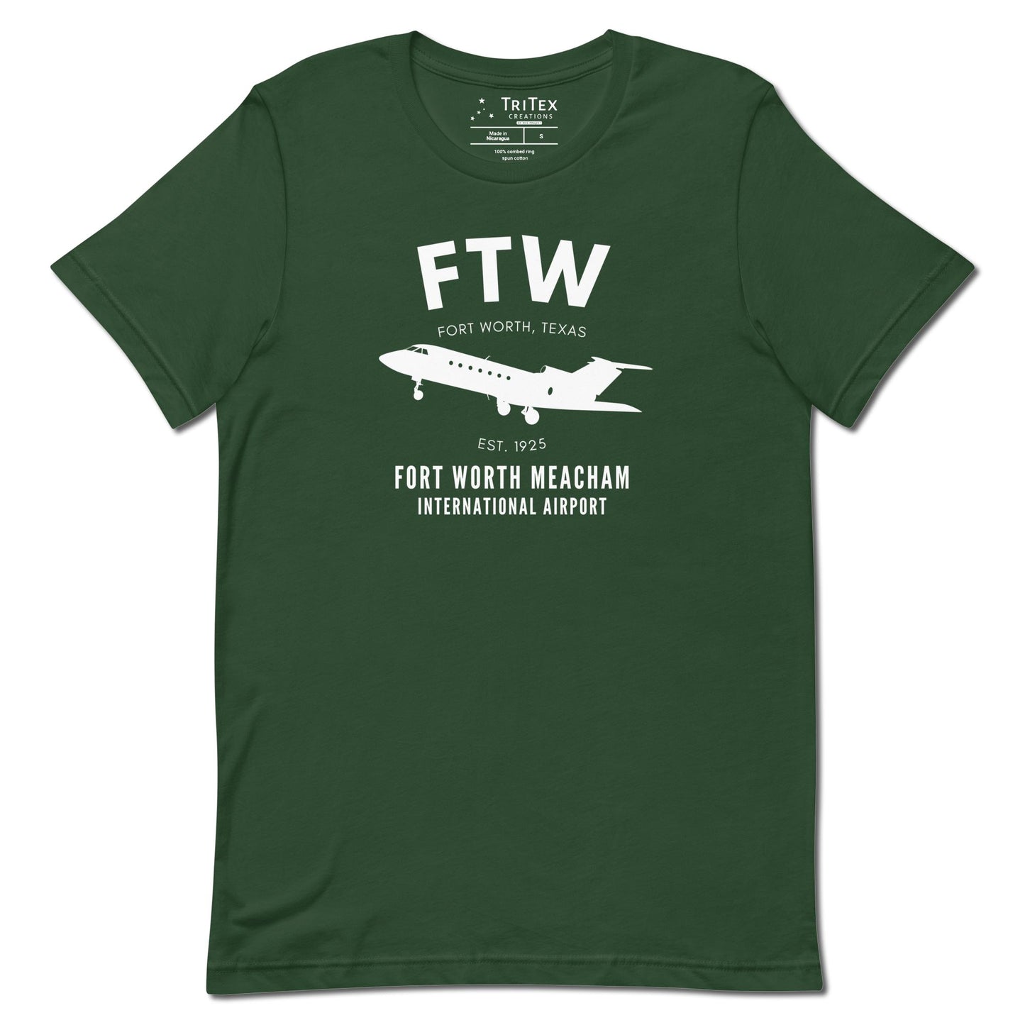 A forest-green t-shirt featuring a small passenger jet with the words "FTW Fort Worth, Texas Est. 1925. Fort Worth Meacham International Airport".