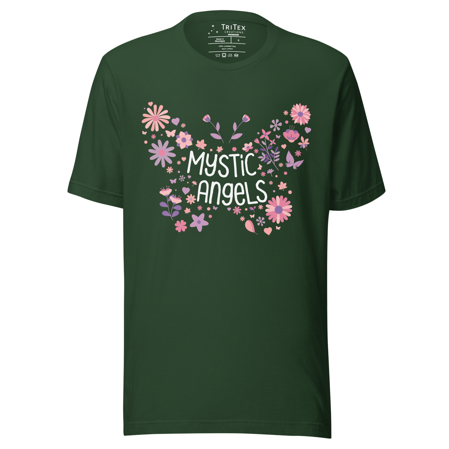 A forest green t-shirt with the words "Mystic Angels" surrounded by leaves and flowers in the shape of a butterfly.