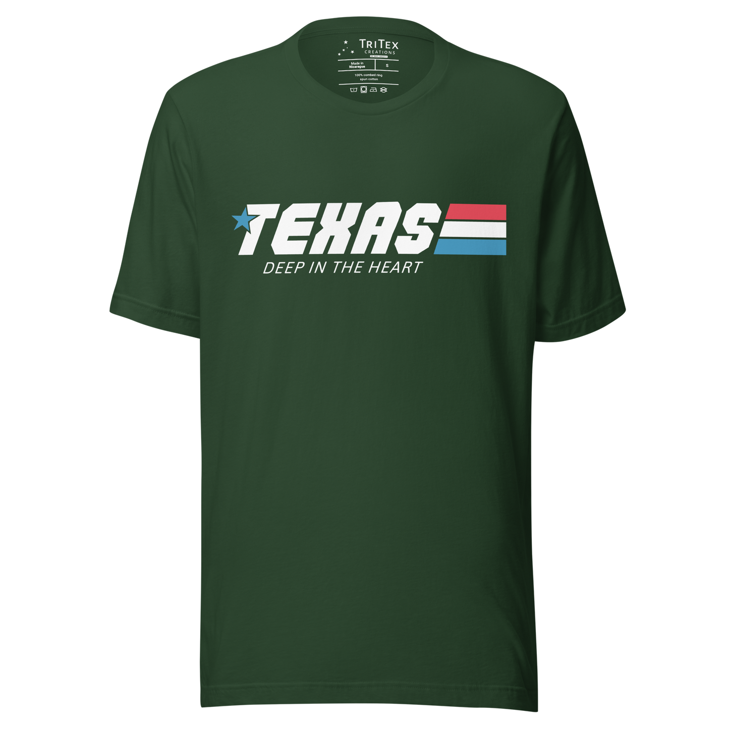 A forest green t-shirt with the words "Texas. Deep in the heart" styled like an 80s cartoon show logo.