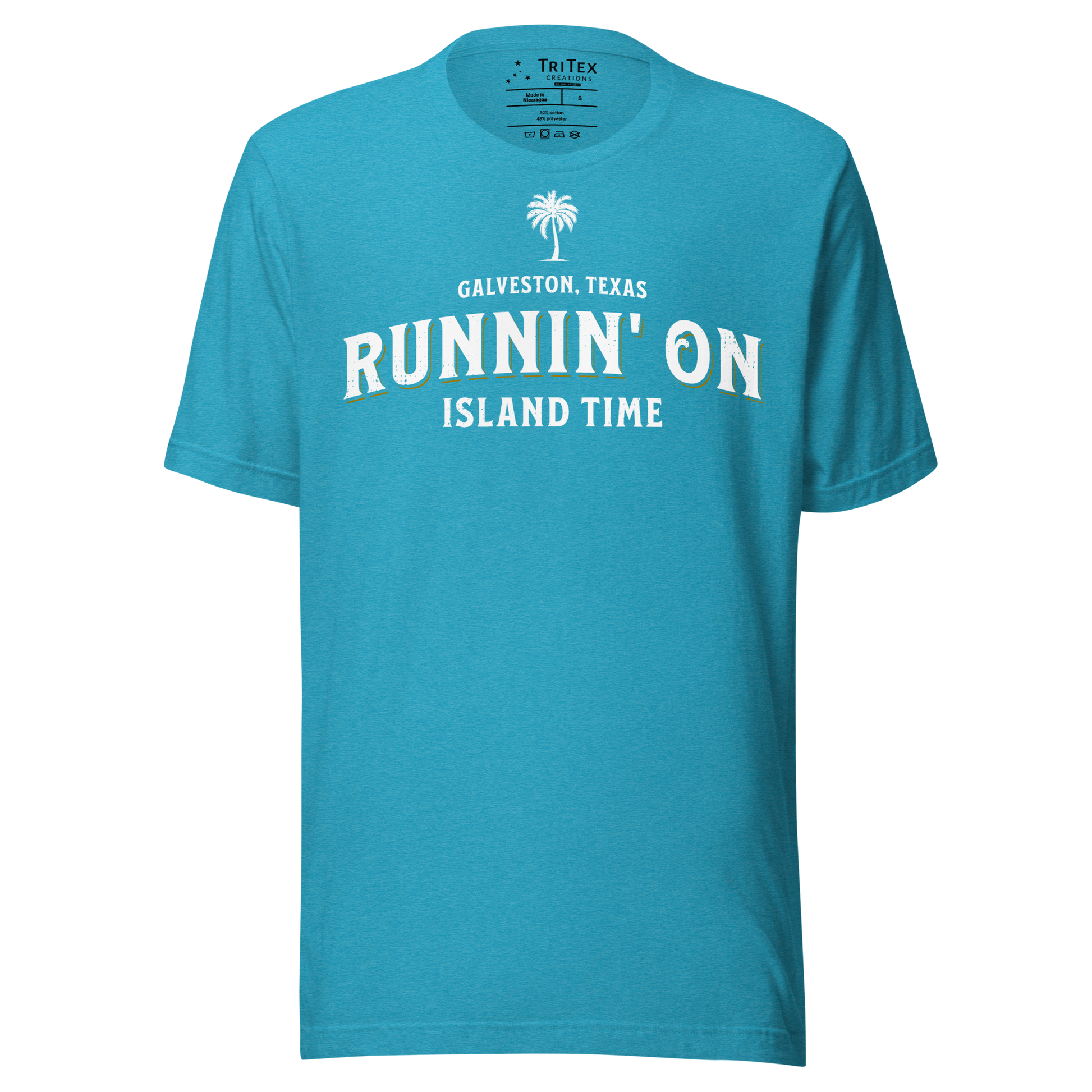 A heather aqua t-shirt featuring a silhouette of a palm tree with the words "Galveston, Texas. Runnin' on island time".