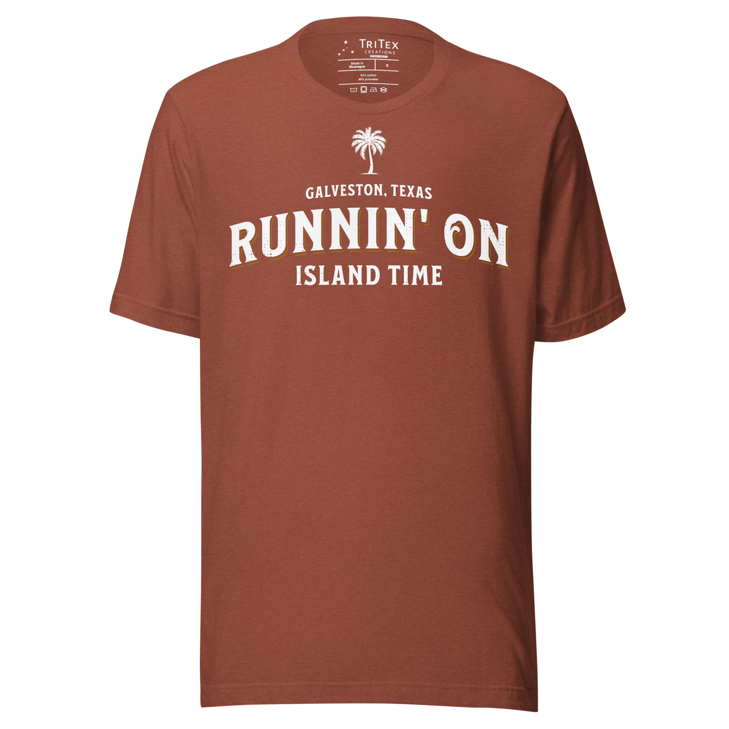 A heather clay t-shirt featuring a silhouette of a palm tree with the words "Galveston, Texas. Runnin' on island time".