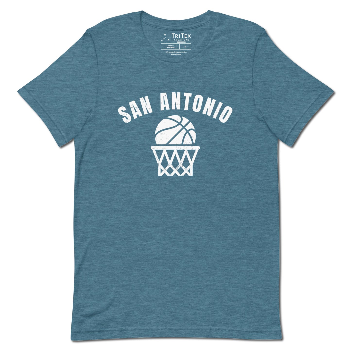 A heather deep teal t-shirt featuring a basketball and net with the words "San Antonio".