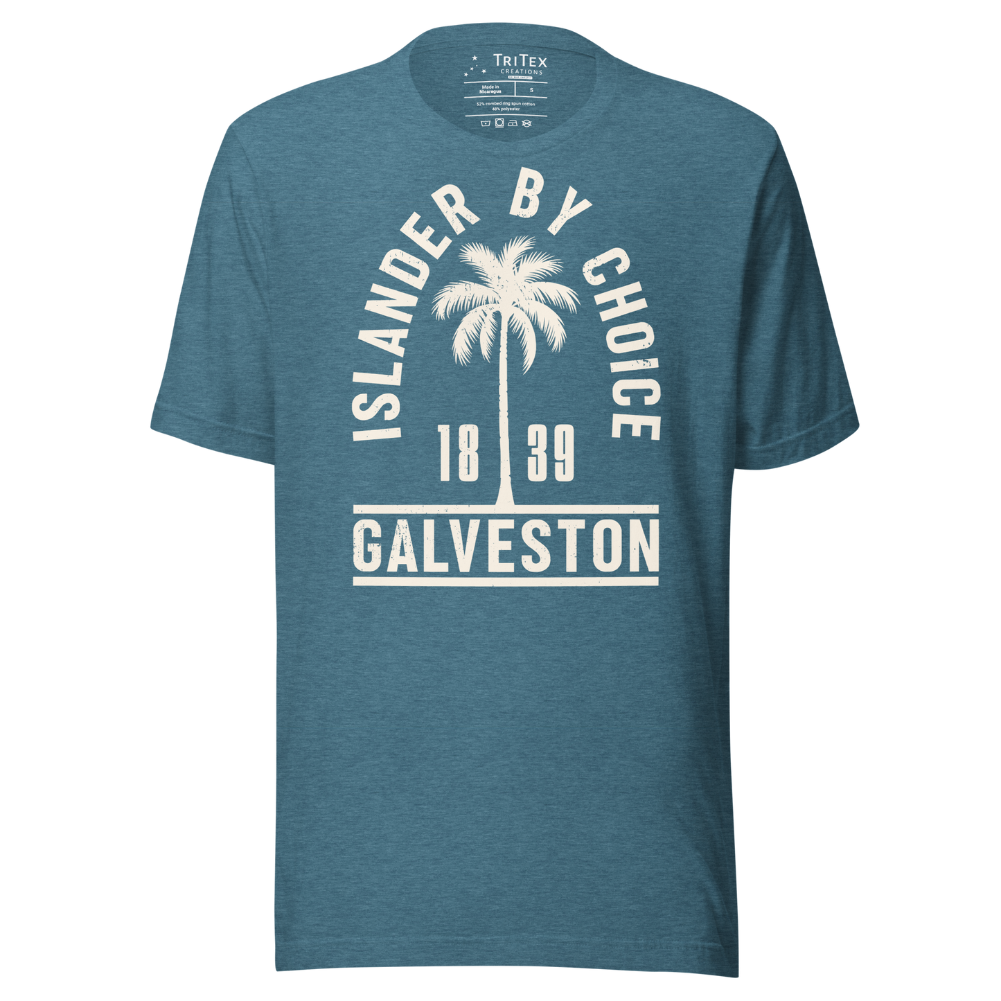 A heather deep teal t-shirt featuring a palm tree with the words "Islander by choice. Galveston 1839" with a silhouette of a palm tree.