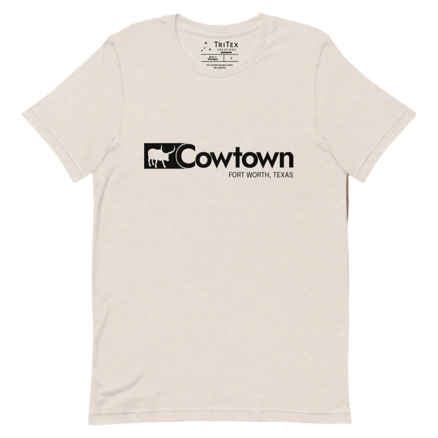 A heather dust t-shirt which reads "Cowtown Fort Worth, Texas" in the style of the Wrangler logo.