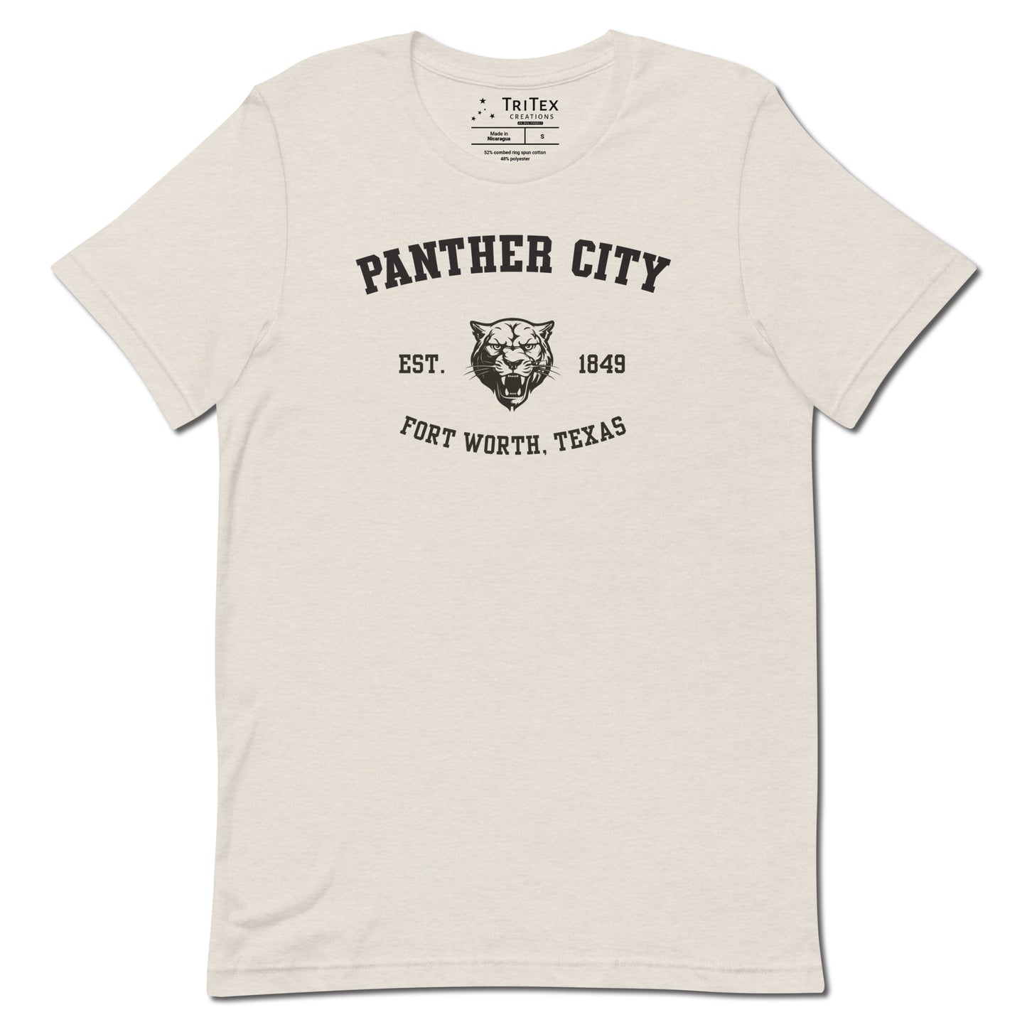 A heather dust t-shirt featuring a graphic image of a growling panther's head with the text "Panther City Est. 1849 Fort Worth, Texas".