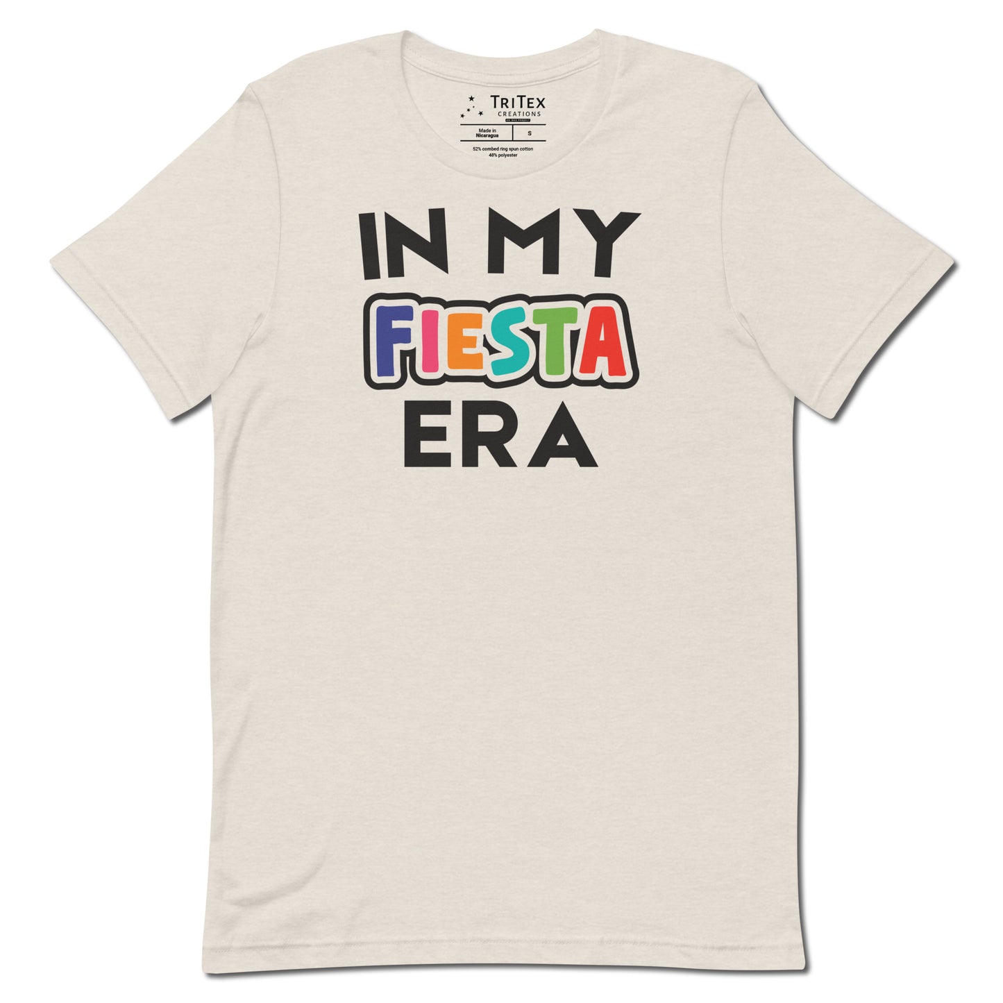 A heather dust t-shirt that reads "In My Fiesta Era" with Fiesta in Southwestern colors.