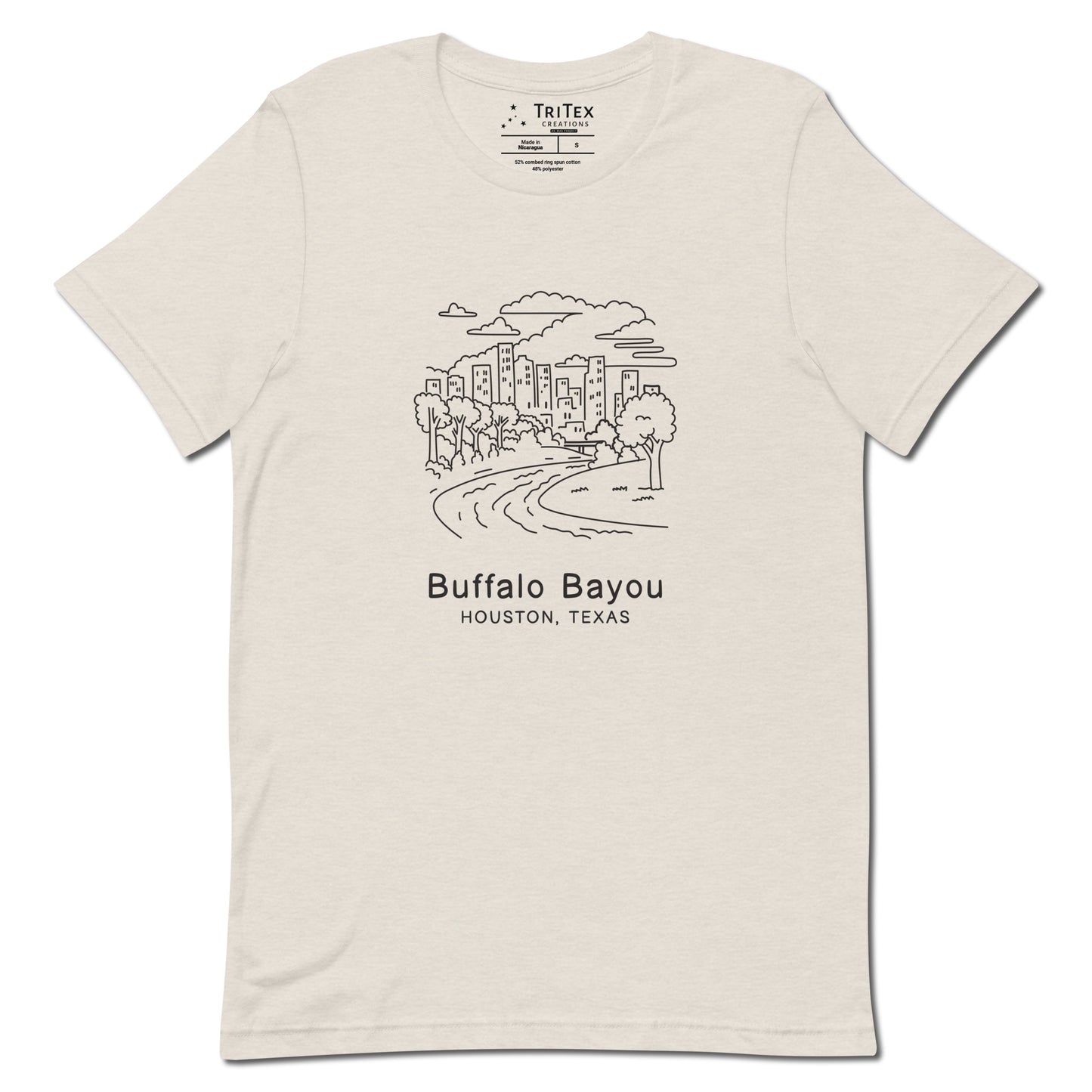 A heather dust t-shirt featuring an sketch of a Buffalo Bayou Park with the words "Buffalo Bayou Houston, Texas" underneath.