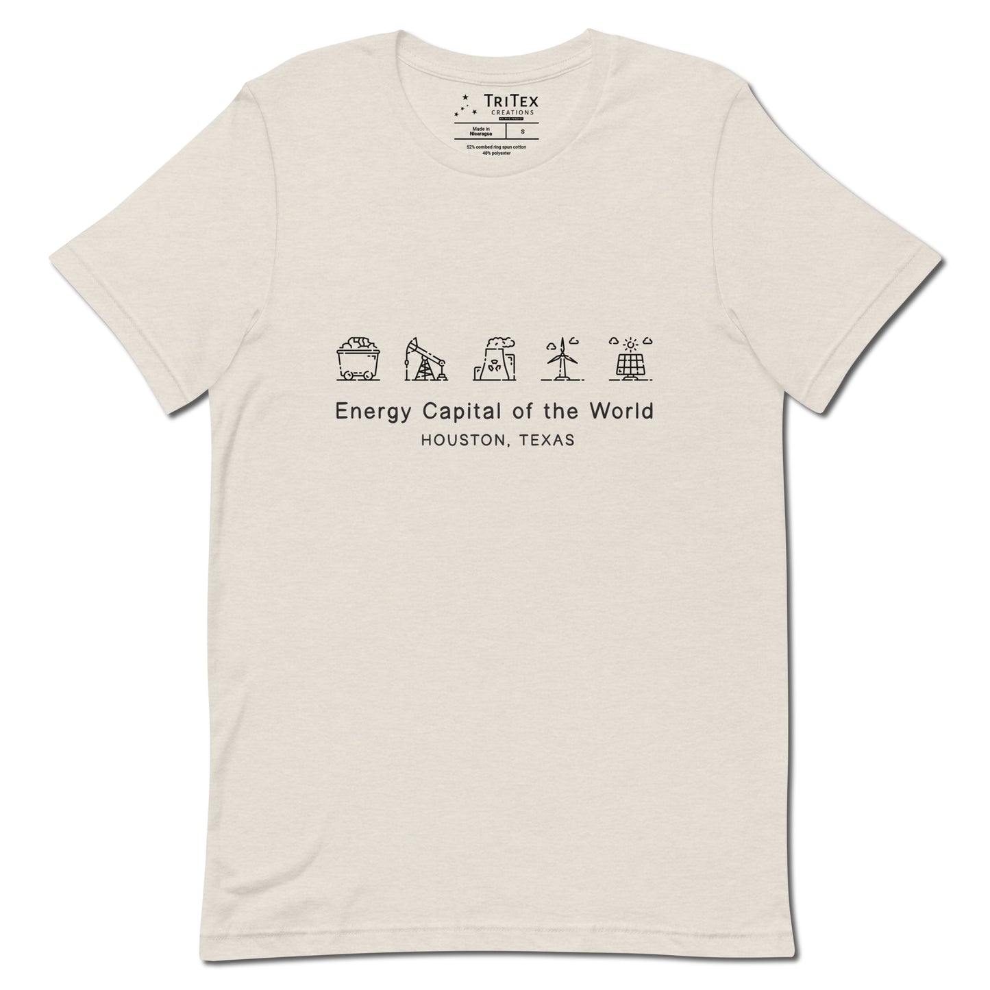 A heather dust shirt with illustrations of different energy production methods with text reading "Energy Capital of the World Houston, Texas".