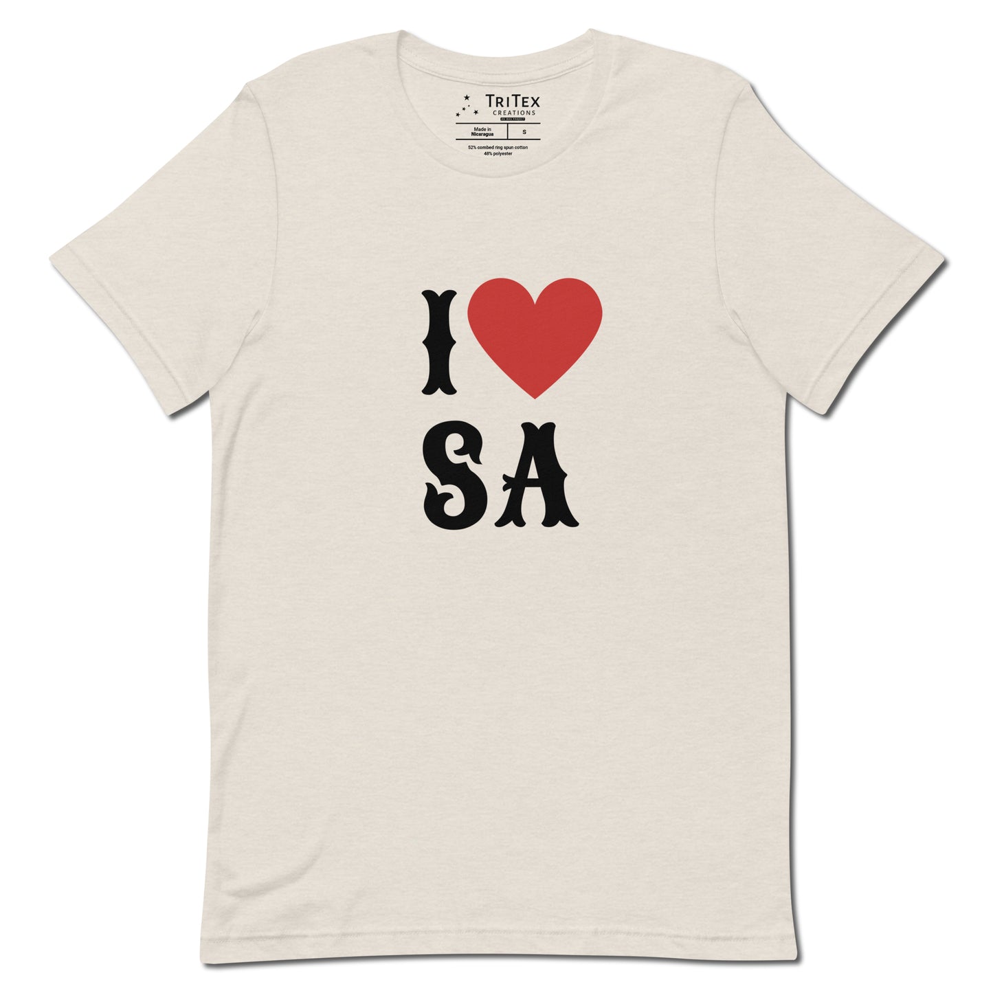 A heather dust shirt with the text "I Love SA".