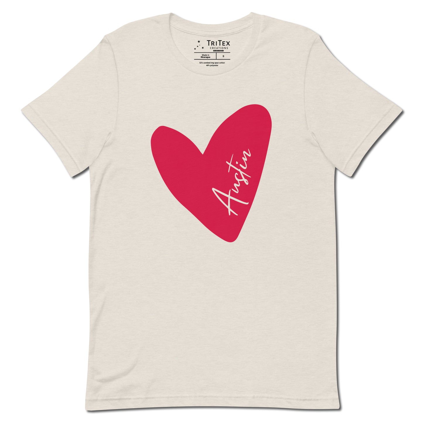 A heather dust t-shirt featuring a heart with Austin written in it.