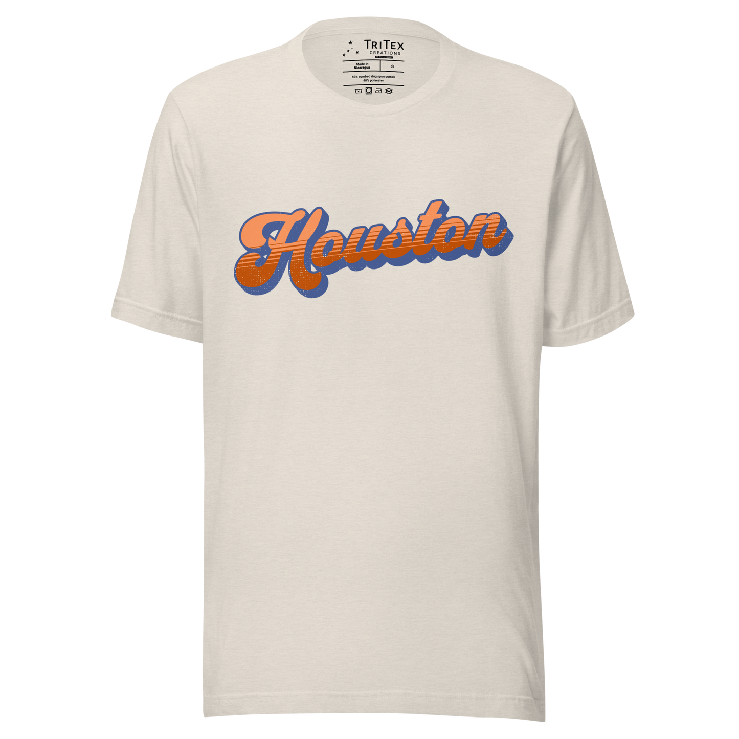 A heather dust t-shirt with a retro style Houston in a vintage font.