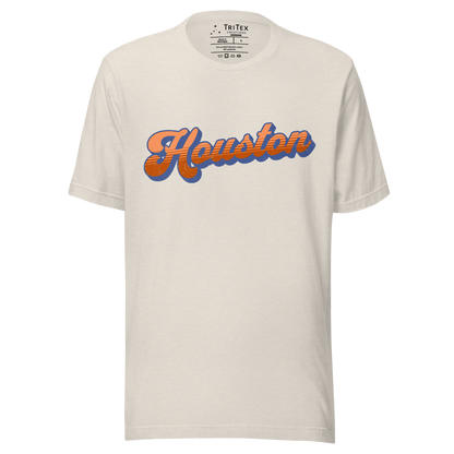 A heather dust t-shirt with a retro style Houston in a vintage font.