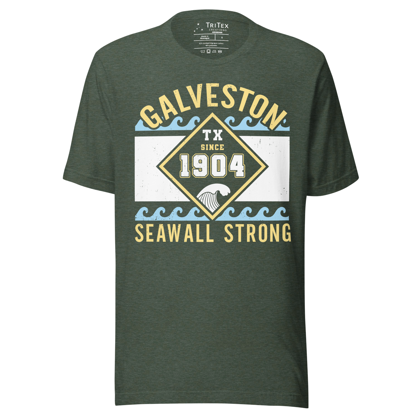 A heather forest t-shirt featuring waves with text that reads "Galveston TX Seawall Strong. Since 1904".