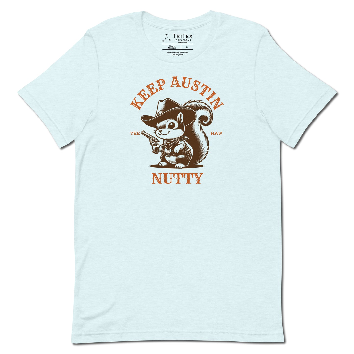 A heather ice blue t-shirt featuring a vintage illustration of a squirrel dressed like a cowboy with text that reads "Keep Austin Nutty. Yee Haw".