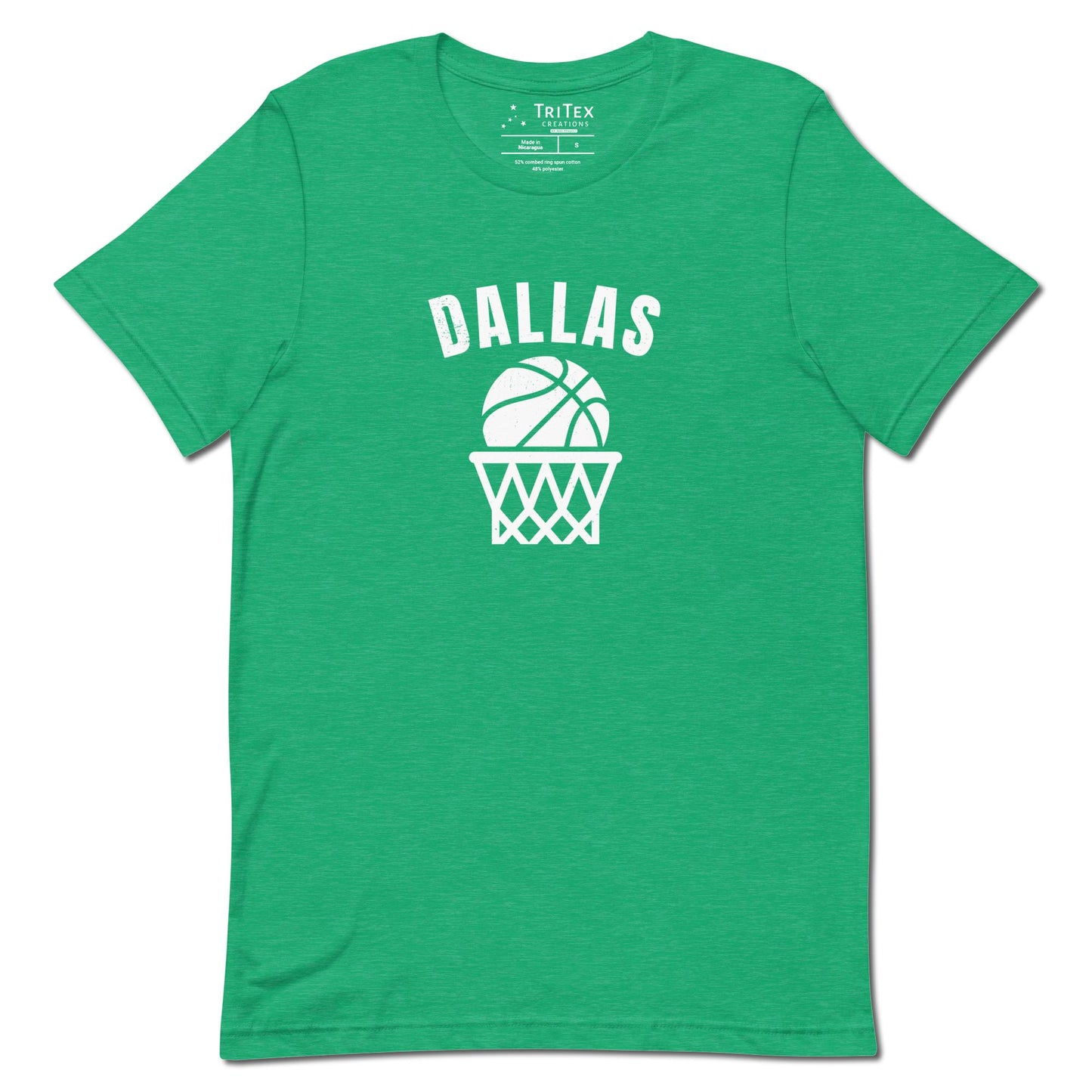 A heather kelly t-shirt featuring a basketball and net with the words "Dallas".