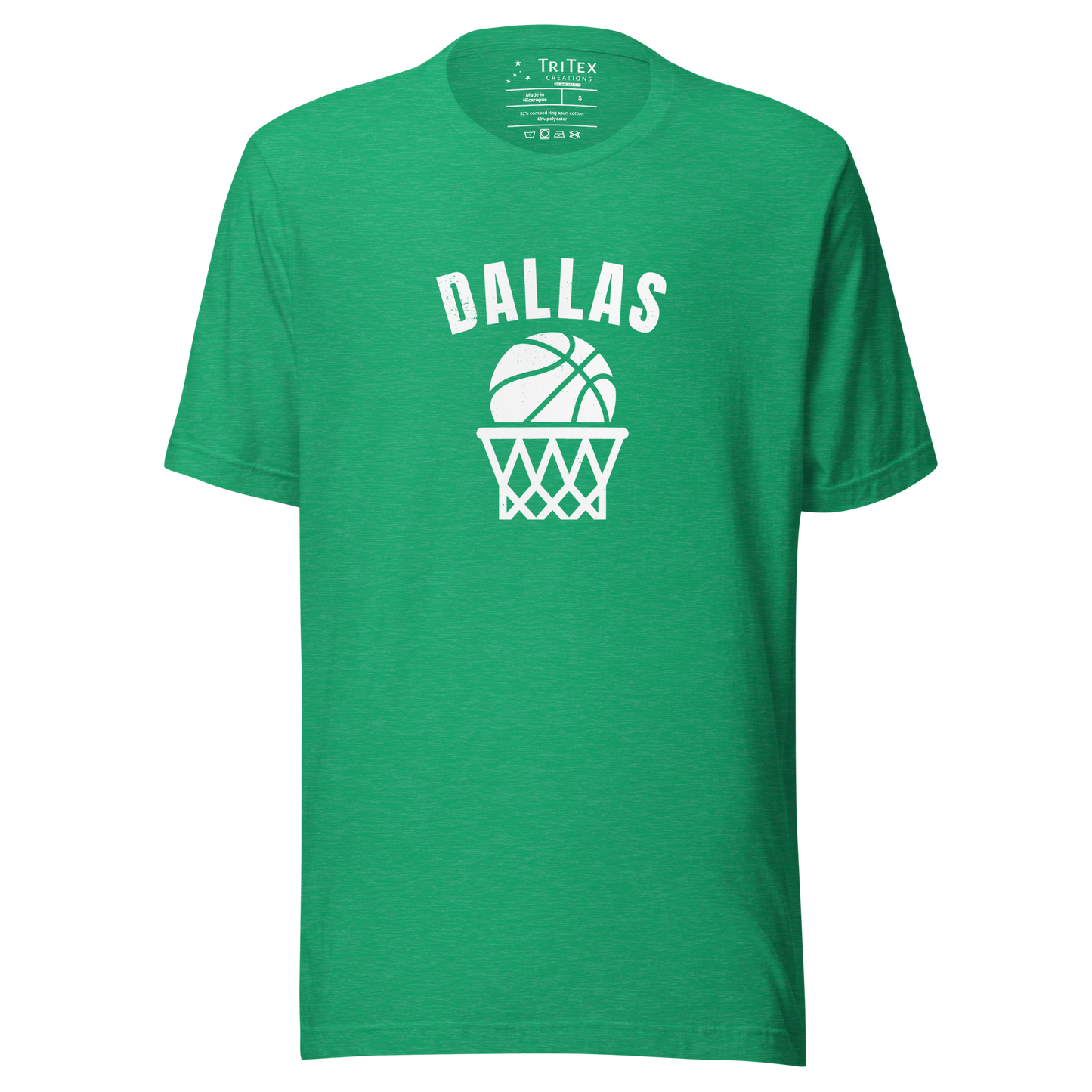 A heather kelly green blue t-shirt featuring a basketball and a hoop with the words “Dallas”.