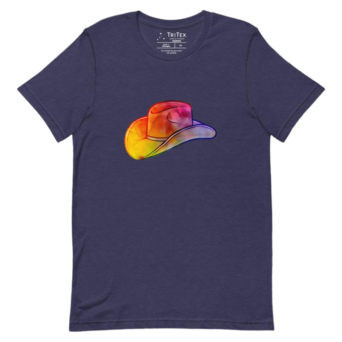 A heather midnight navy t-shirt featuring a rainbow-colored cowboy hat.