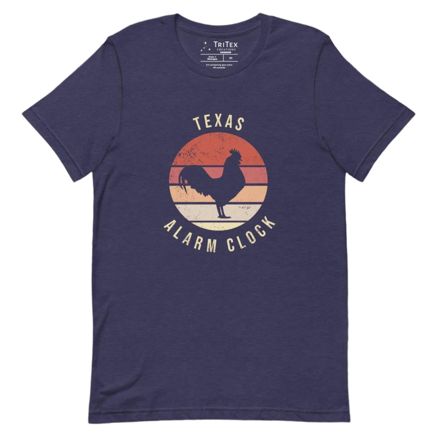 A heather midnight navy t-shirt featuring the silhouette of a rooster with the words "Texas Alarm Clock".