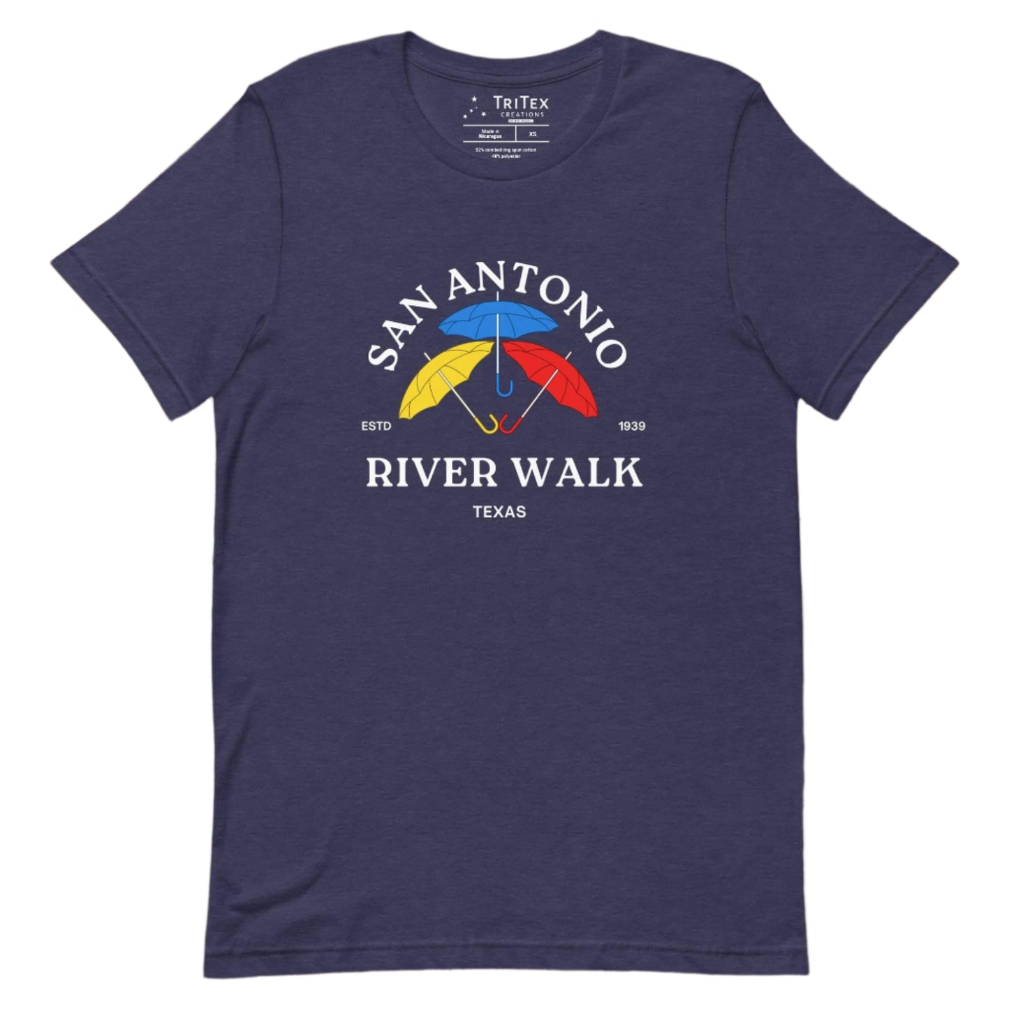 A heather midnight navy t-shirt featuring yellow, red, blue umbrellas and the text "San Antonio River Walk Texas. Estd. 1939".