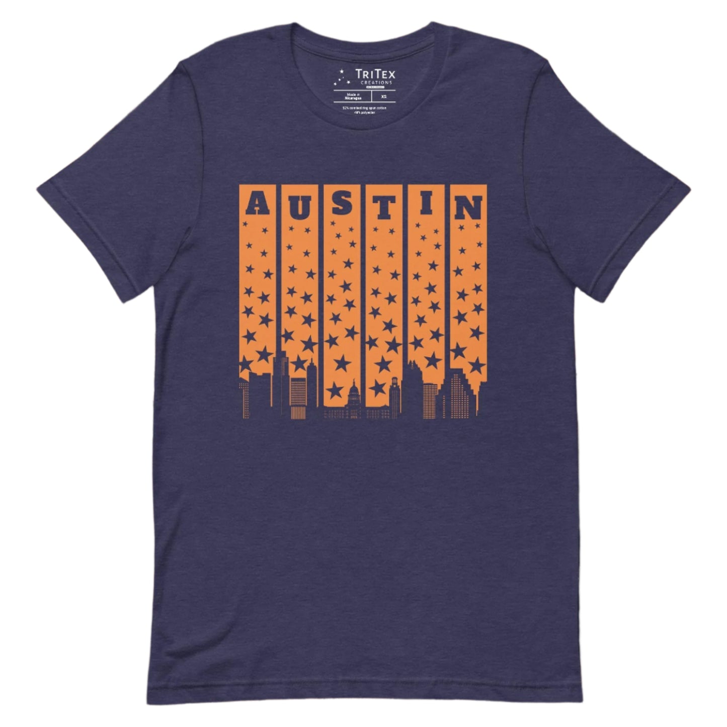 A heather midnight navy t-shirt with the words Austin above a silhouette of stars and the Austin skyline.