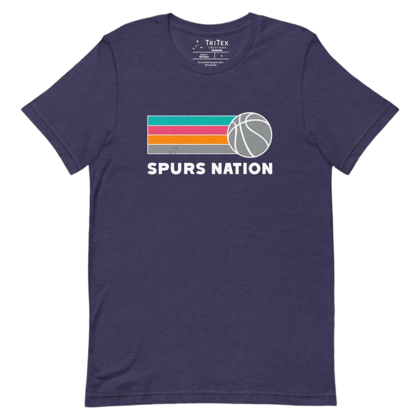 A heather midnight t-shirt featuring teal, pink, orange, gray stripes and a gray basketball with the words "Spurs nation".