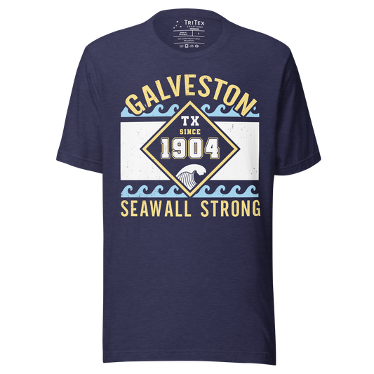 A heather midnight navy t-shirt featuring waves with text that reads "Galveston TX Seawall Strong. Since 1904".