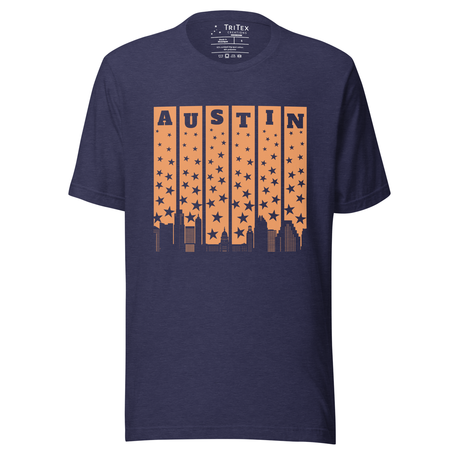 A heather midnight navy blue t-shirt with the words Austin above a silhouette of stars and the Austin skyline.