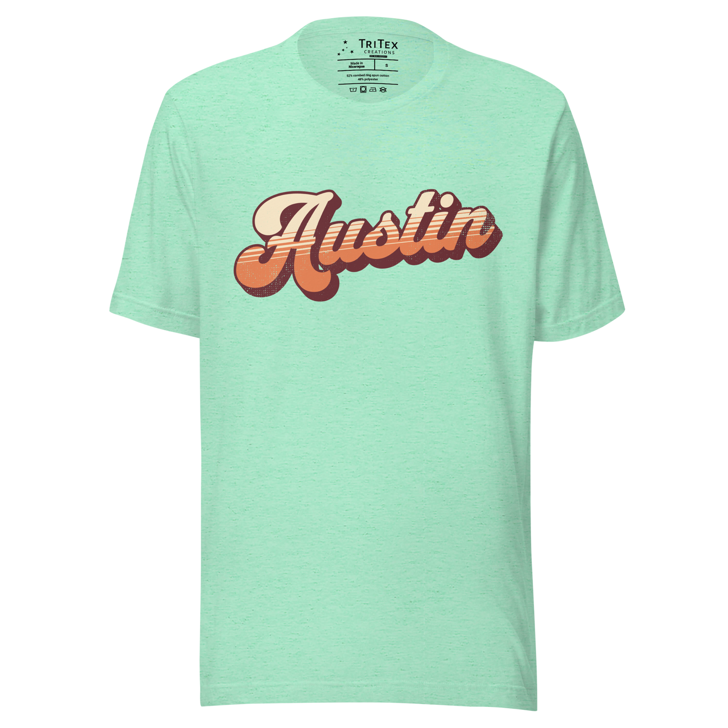 A heather mint green t-shirt with a retro style Austin in a vintage font.