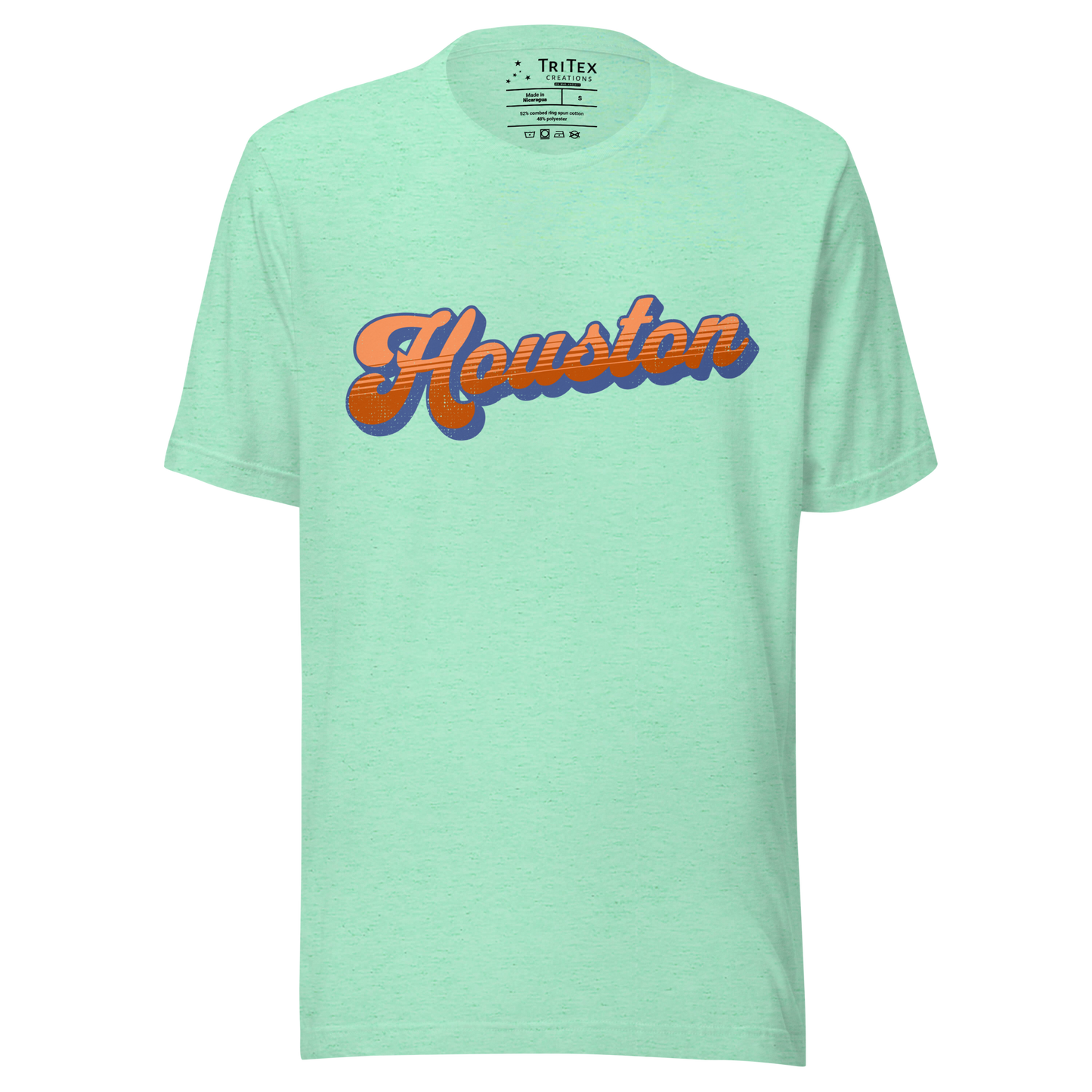 A heather mint green t-shirt with a retro style Houston in a vintage font.