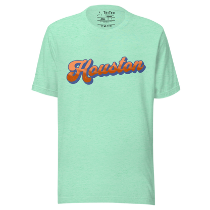 A heather mint green t-shirt with a retro style Houston in a vintage font.