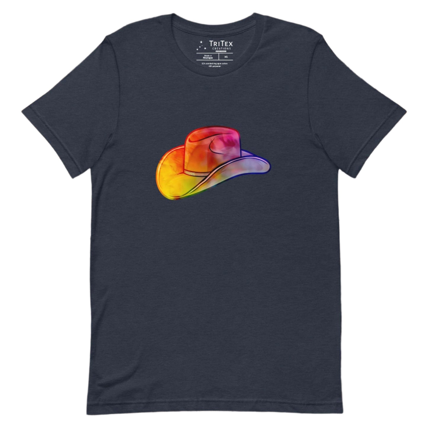 A heather navy t-shirt featuring a rainbow-colored cowboy hat.