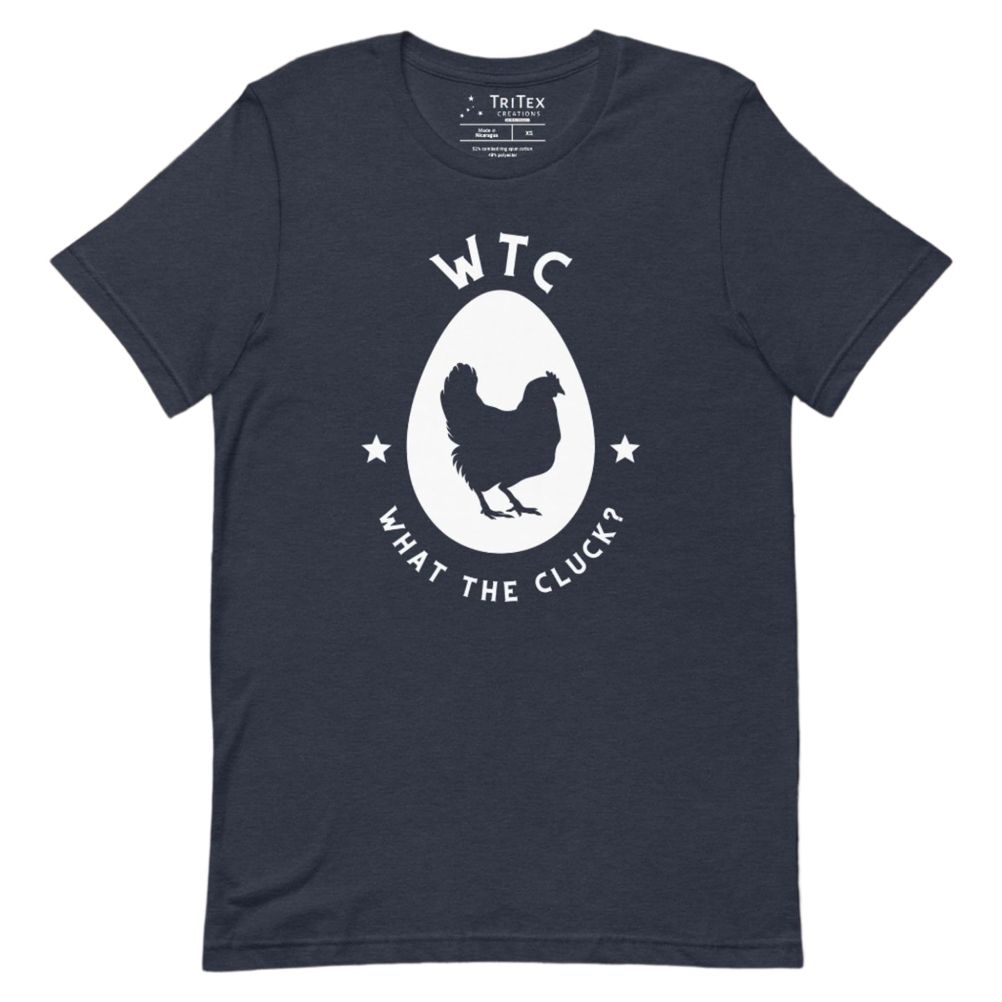 A heather navy t-shirt featuring a silhouette of a chicken in an egg with the words "WTC What the cluck".