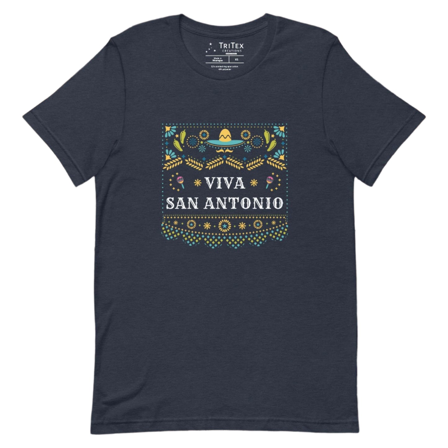 A heather navy t-shirt featuring a festive Mexican-style pattern with the words "Viva San Antonio".