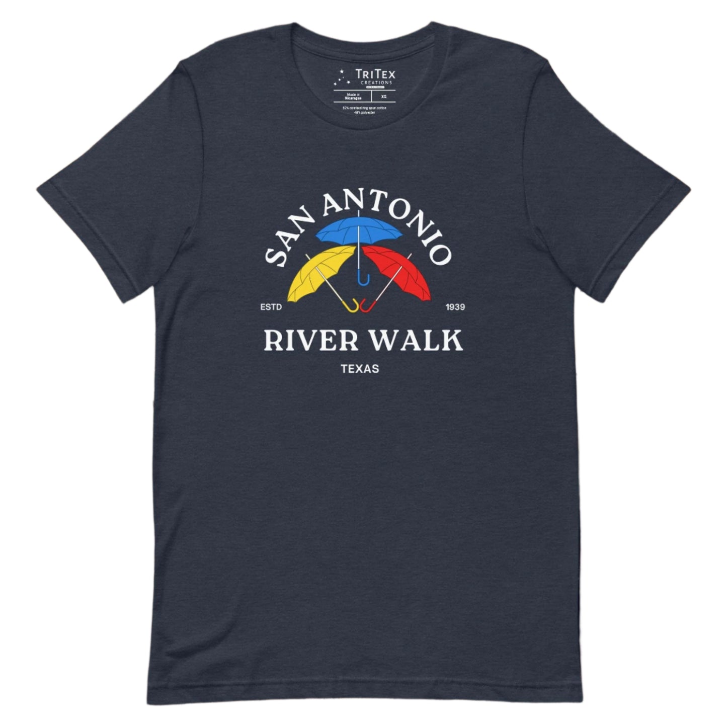 A heather navy t-shirt featuring yellow, red, blue umbrellas and the text "San Antonio River Walk Texas. Estd. 1939".