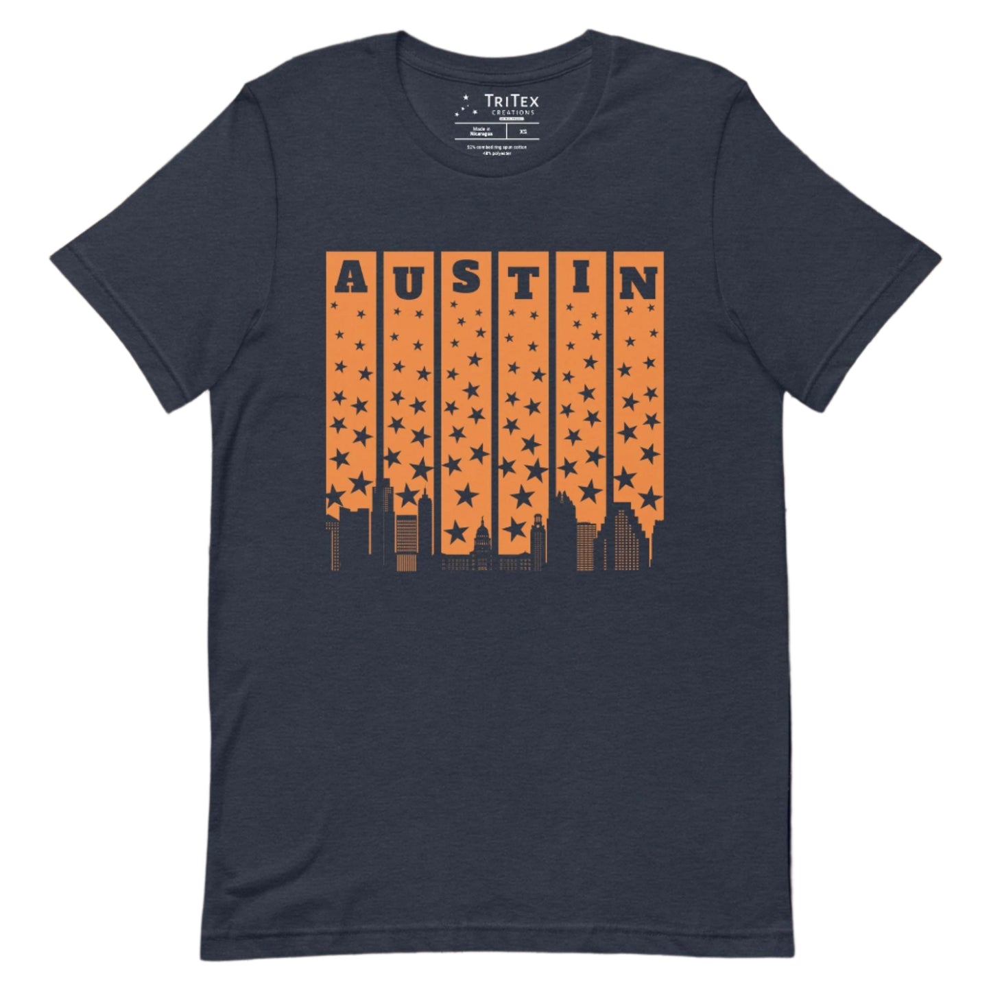 A heather navy t-shirt with the words Austin above a silhouette of stars and the Austin skyline.