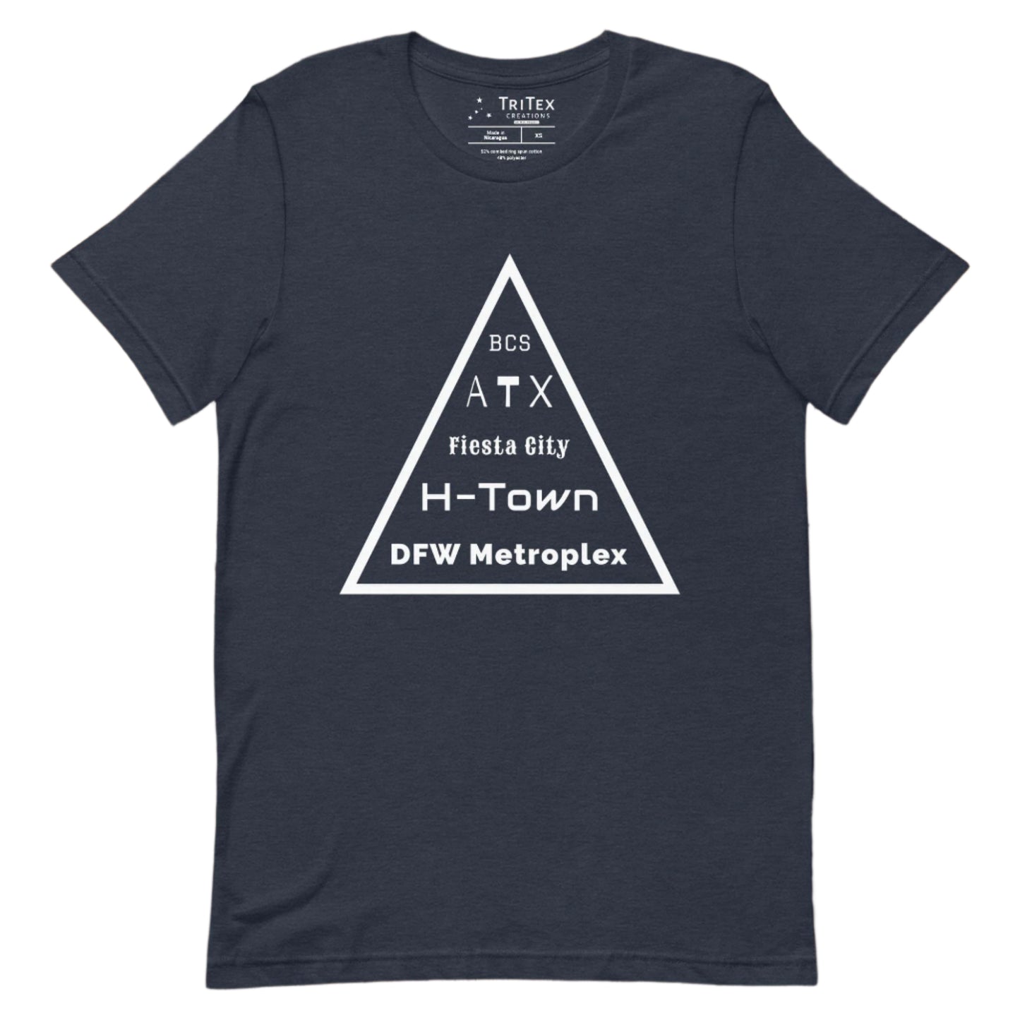 A heather navy t-shirt featuring a triangle with the text "BCS, ATX, Fiesta City, H-Town, DFW Metroplex".