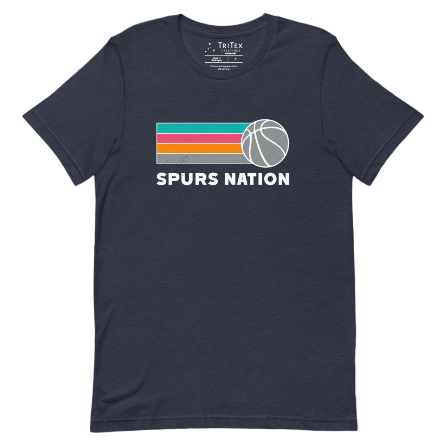 A heather navy t-shirt featuring teal, pink, orange, gray stripes and a gray basketball with the words "Spurs nation".