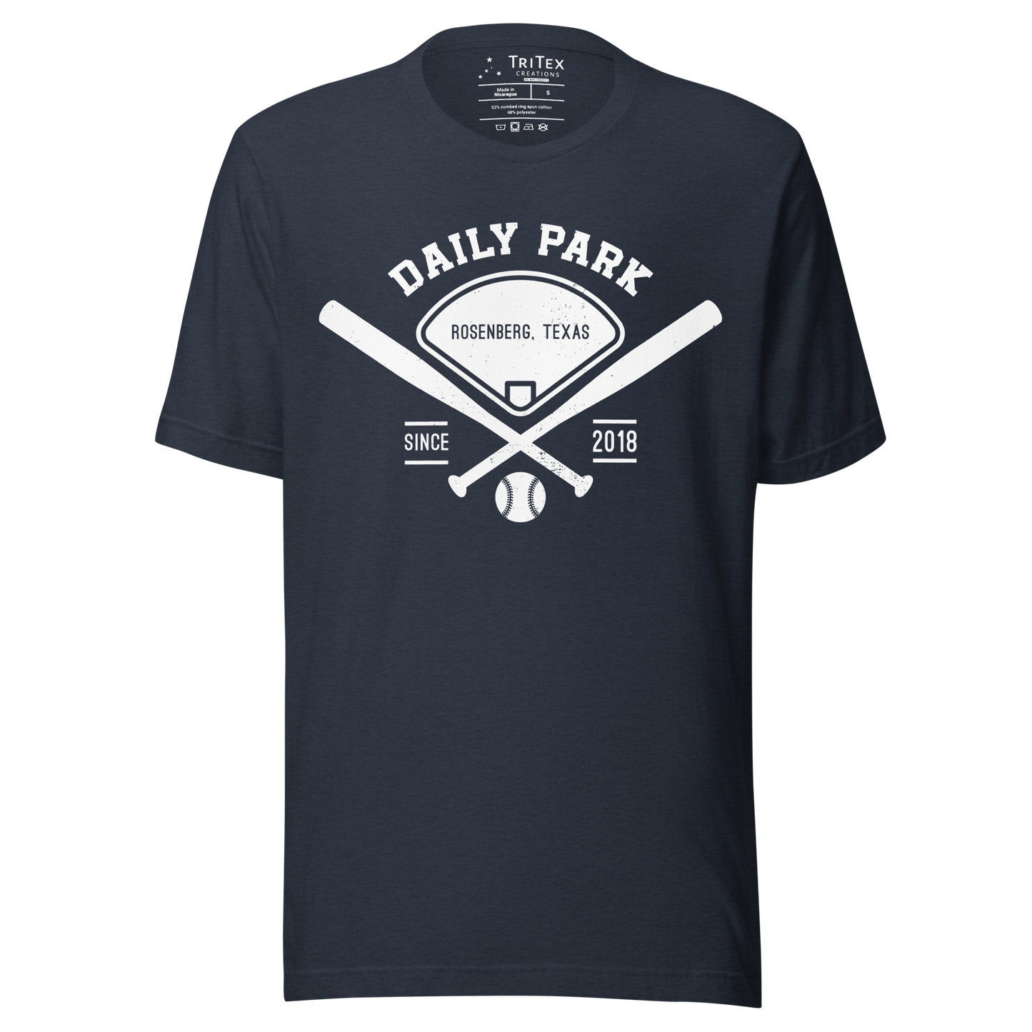 A heather navy blue t-shirt featuring two crisscrossed baseball bats, a baseball diamond and a baseball with the words "Daily Park Rosenberg, Texas Since 2018".