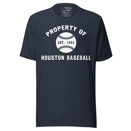 A navy blue t-shirt featuring a silhouette of a baseball with text that reads "Property of Houston Baseball Est. 1962".