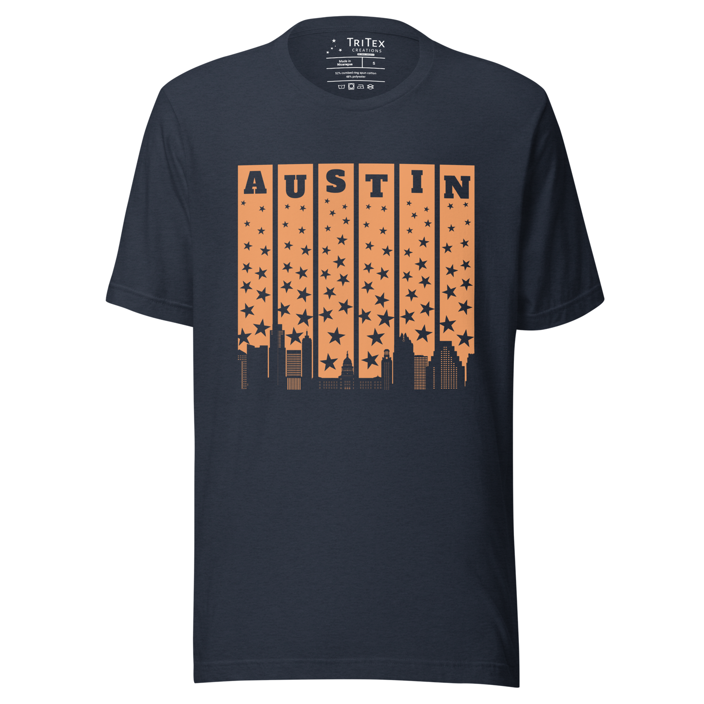 A heather navy blue t-shirt with the words Austin above a silhouette of stars and the Austin skyline.