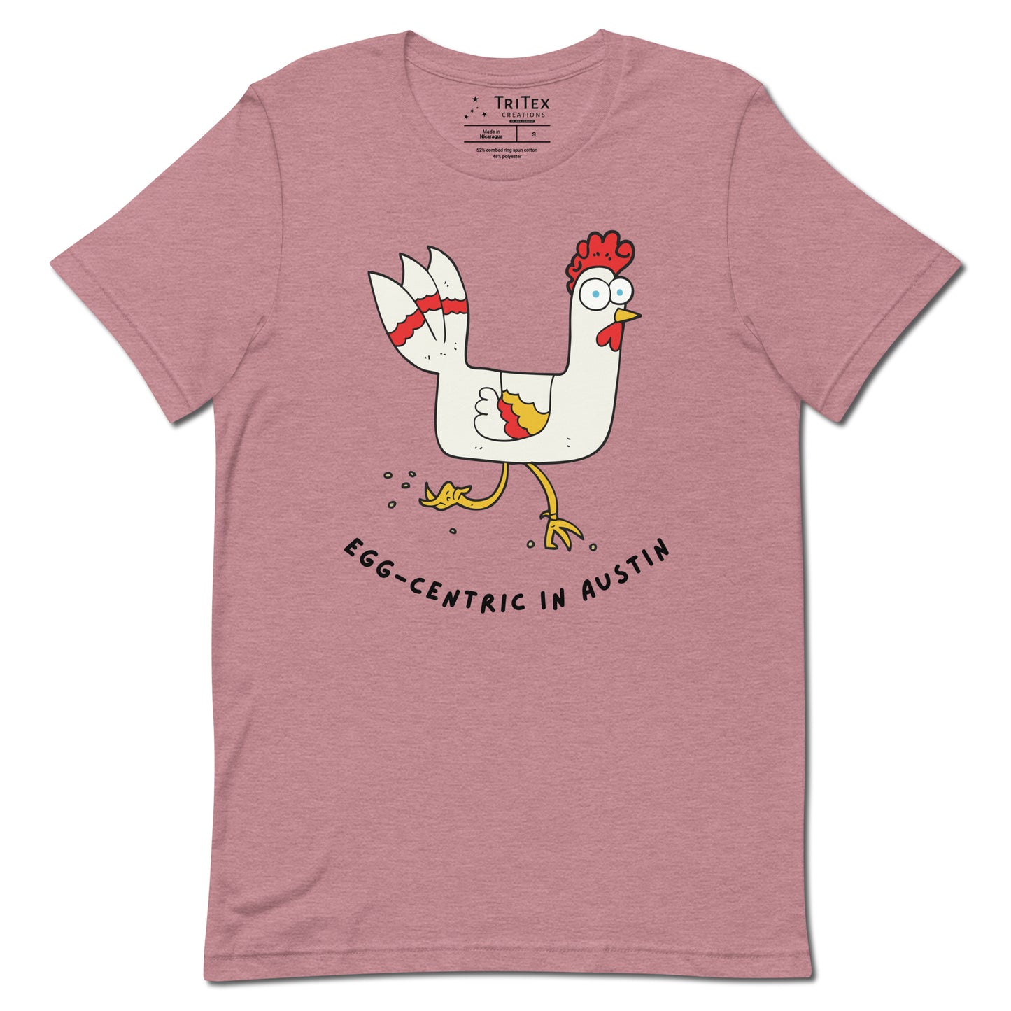 A heather orchid shirt featuring a strange looking rooster with text reading "Egg-Centric in Austin".