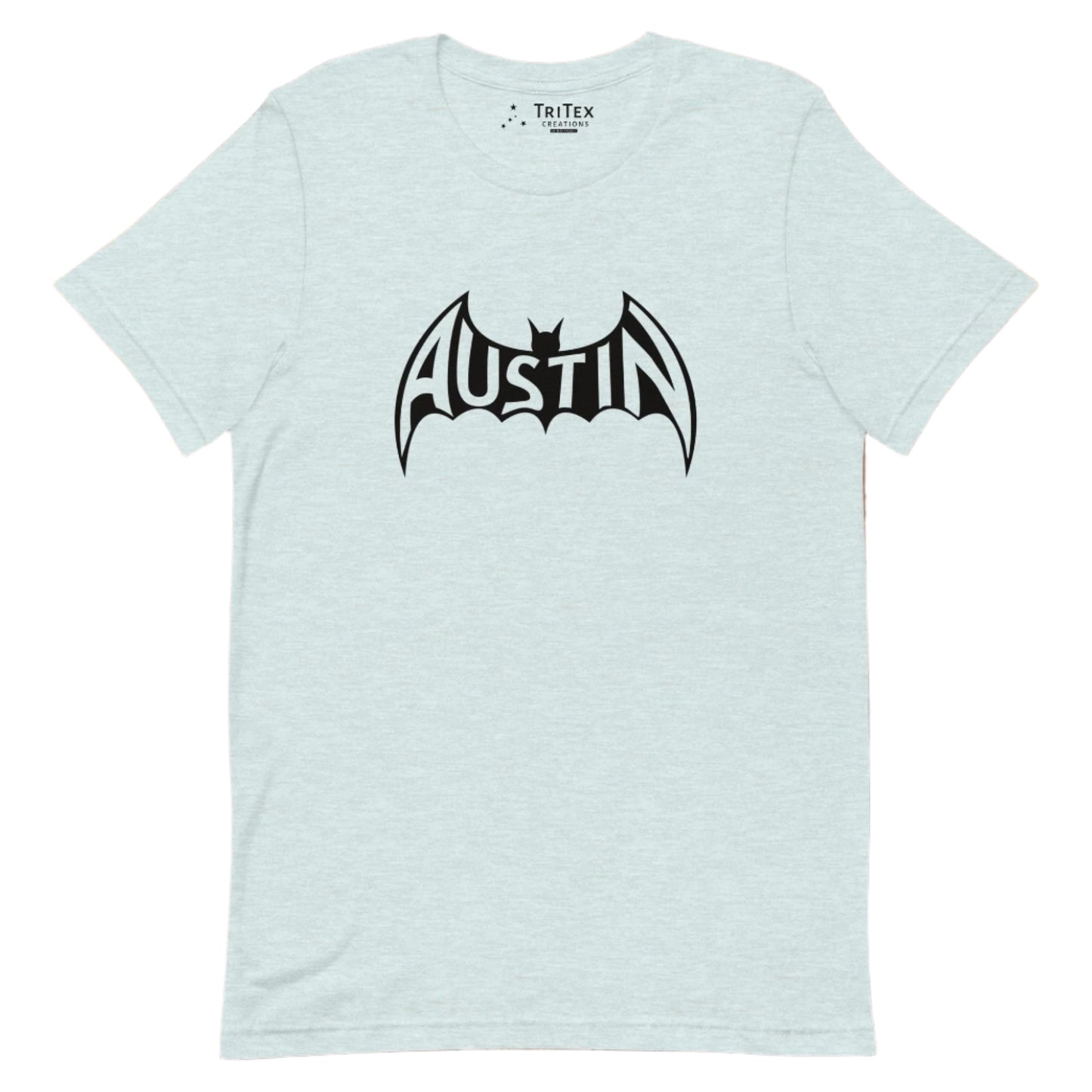 A heather prism ice blue t-shirt featuring a silhouette of a bat with Austin inside.