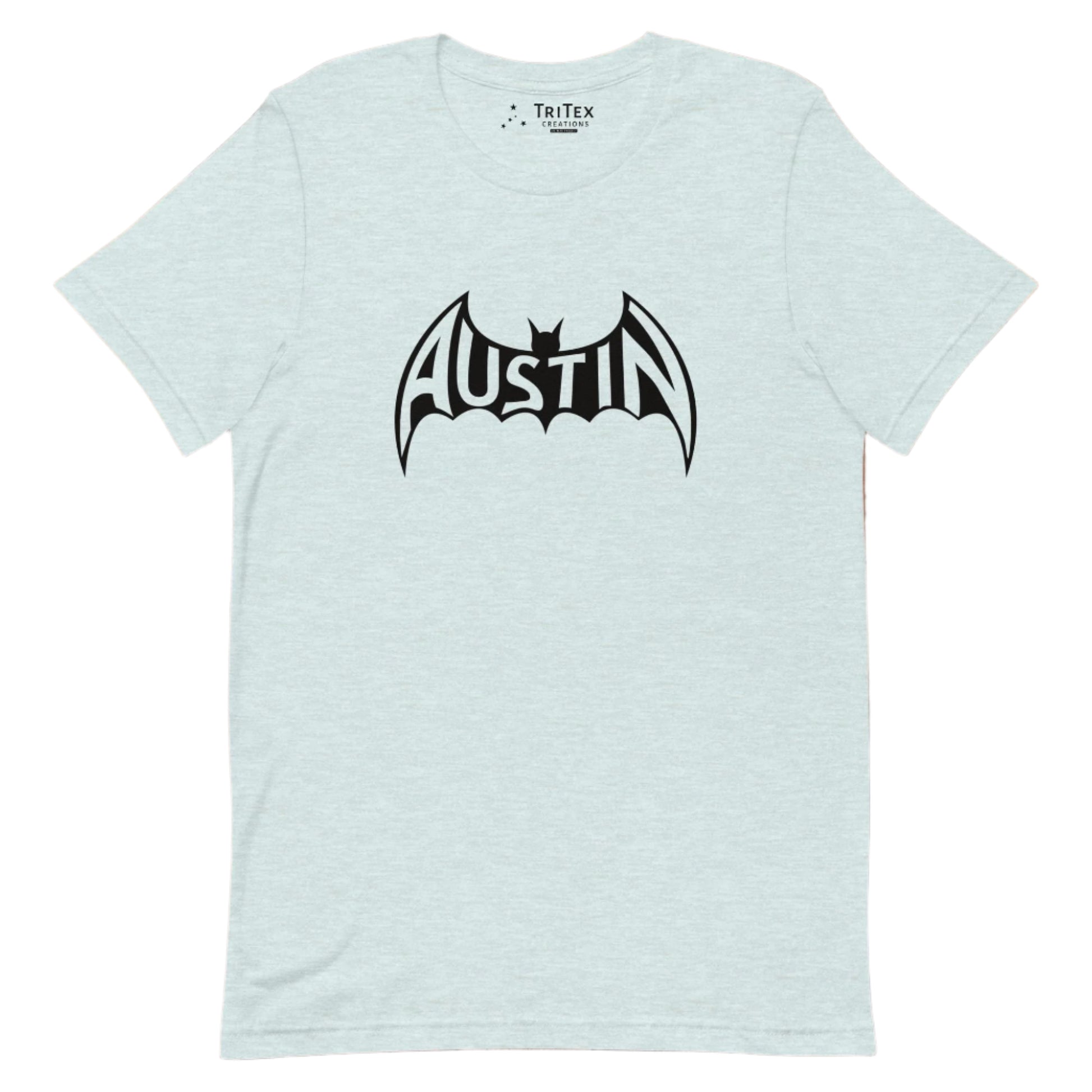 A heather prism ice blue t-shirt featuring a silhouette of a bat with Austin inside.