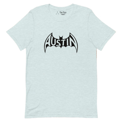 A heather prism ice blue t-shirt featuring a silhouette of a bat with Austin inside.