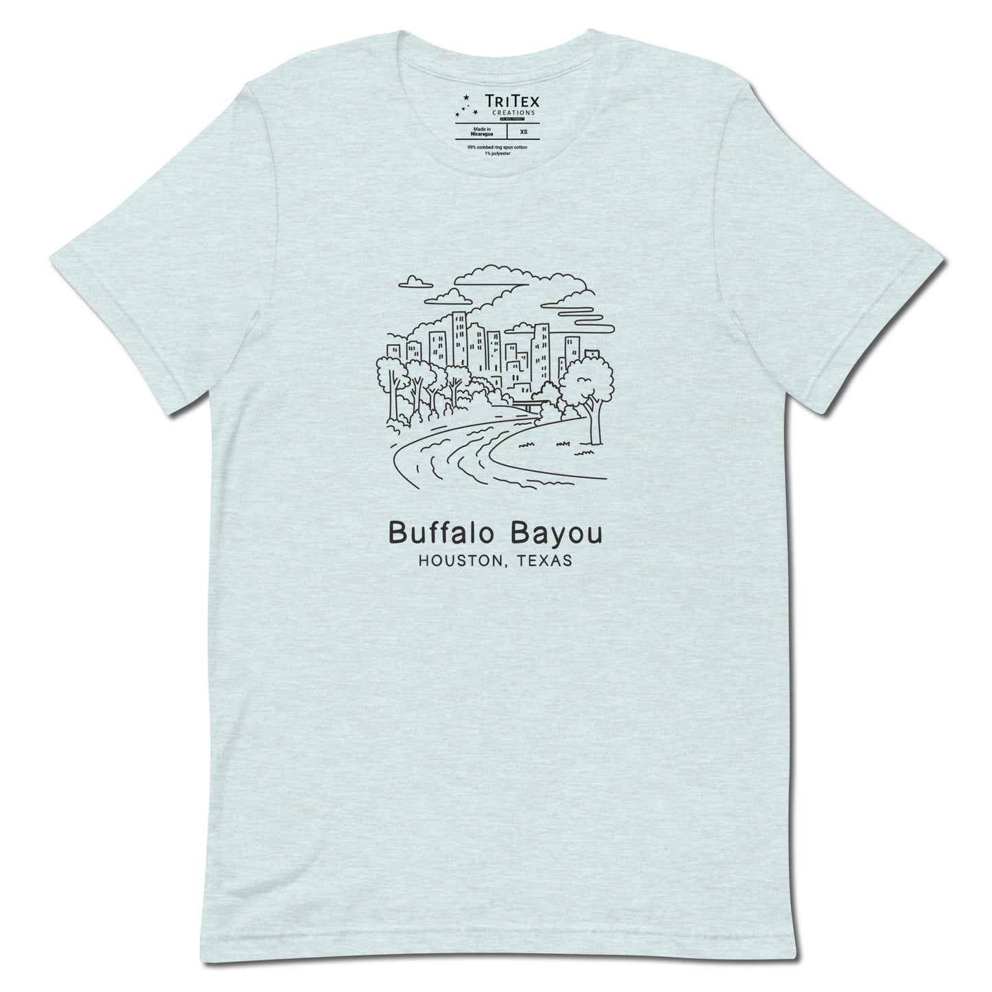 A heather prism ice blue t-shirt featuring an sketch of a Buffalo Bayou Park with the words "Buffalo Bayou Houston, Texas" underneath.