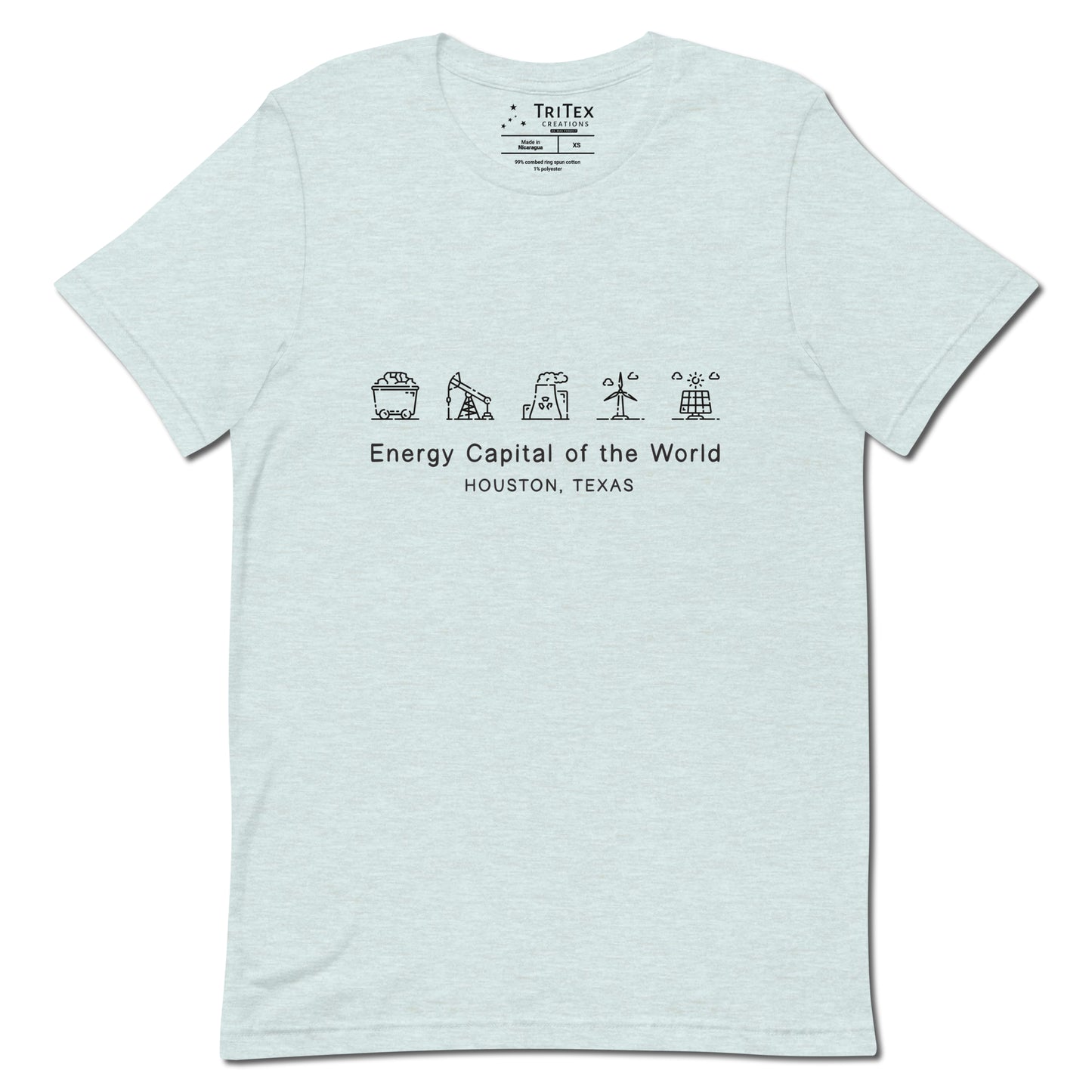 A heather prism ice blue shirt with illustrations of different energy production methods with text reading "Energy Capital of the World Houston, Texas"