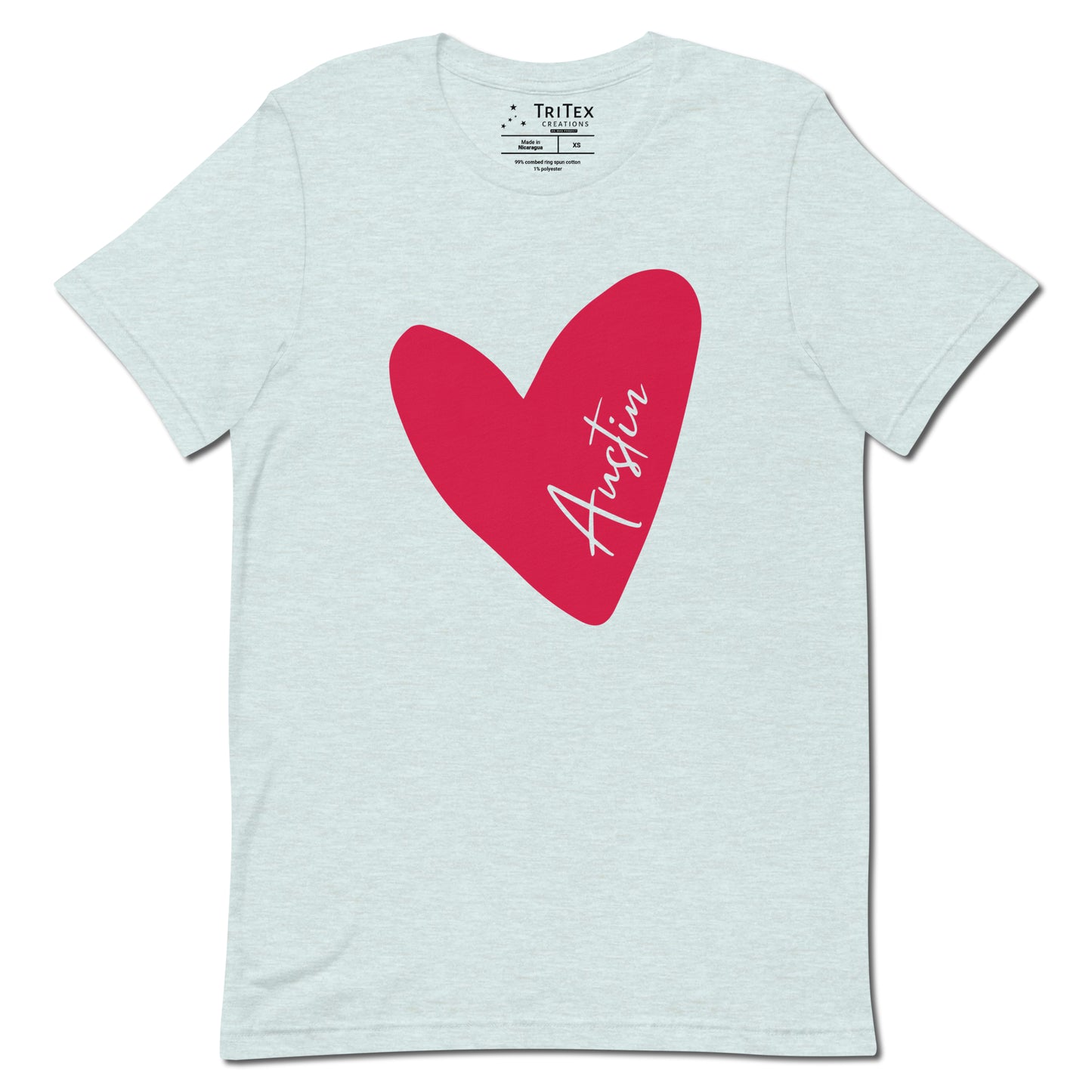 A heather prism ice blue t-shirt featuring a heart with Austin written in it.